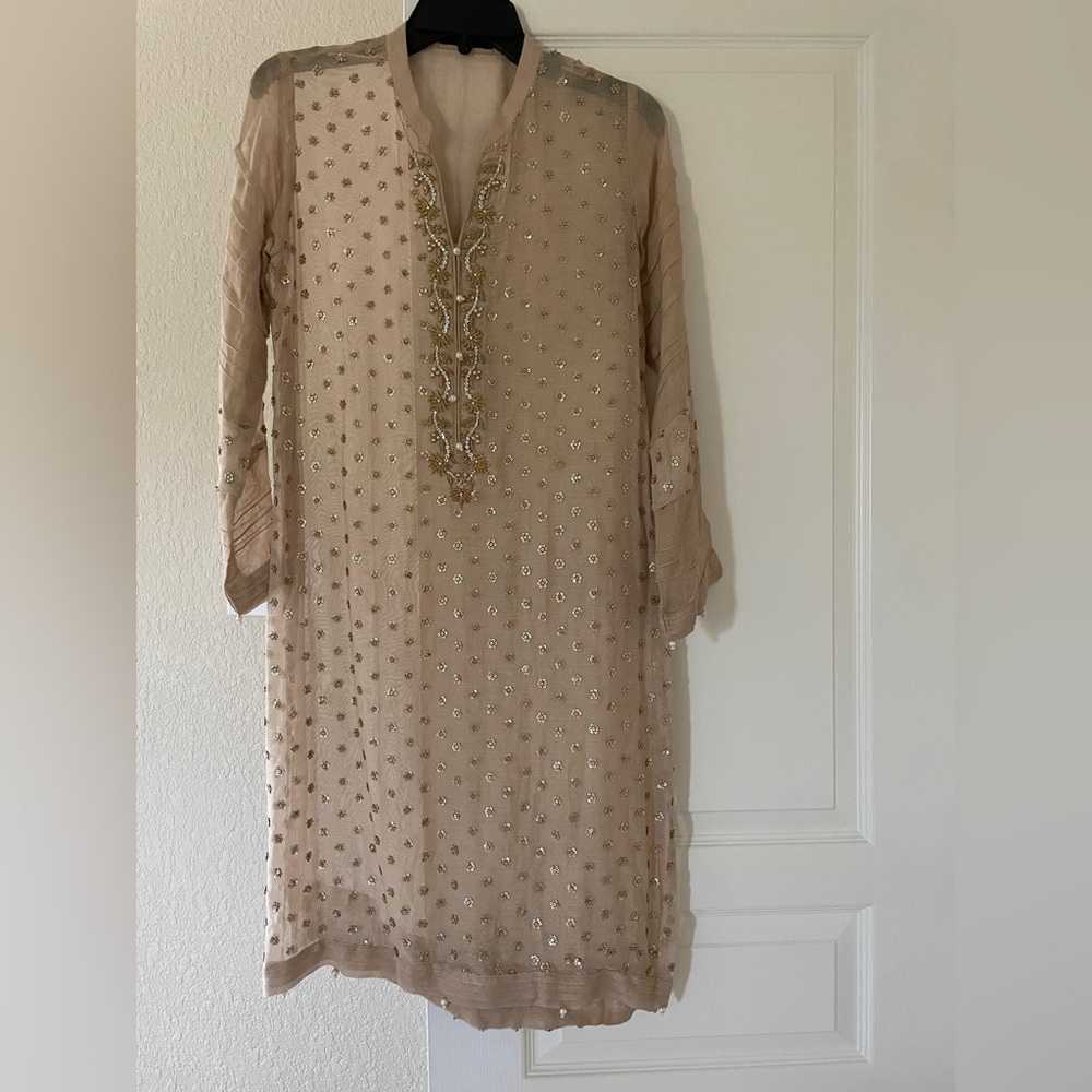 COPY - Agha Noor Beige cotton net kurta with vintage gold spray sequins